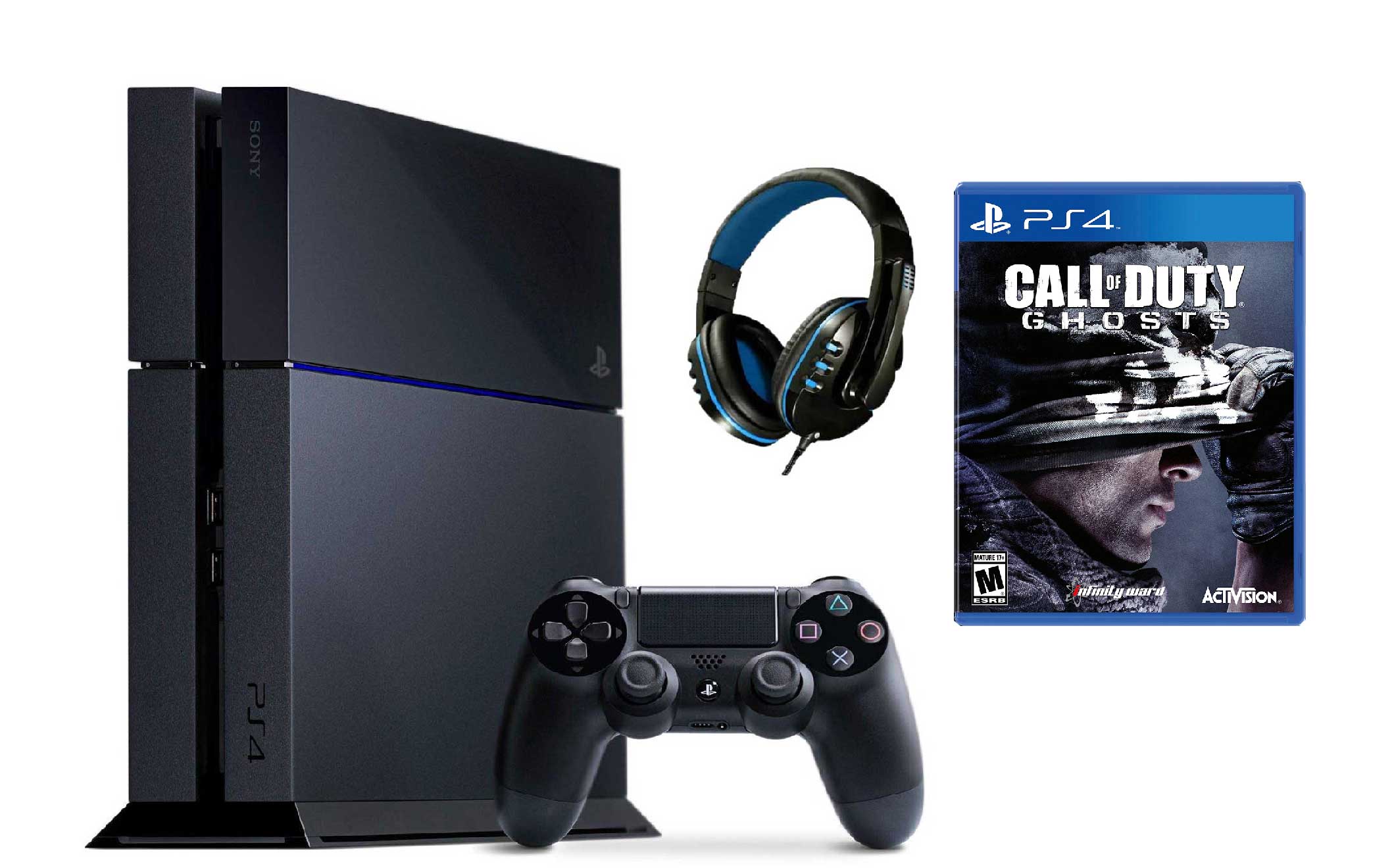 Sony PlayStation 4 500GB Gaming Console Black with Call of Duty Ghosts BOLT  AXTION Bundle Like New 